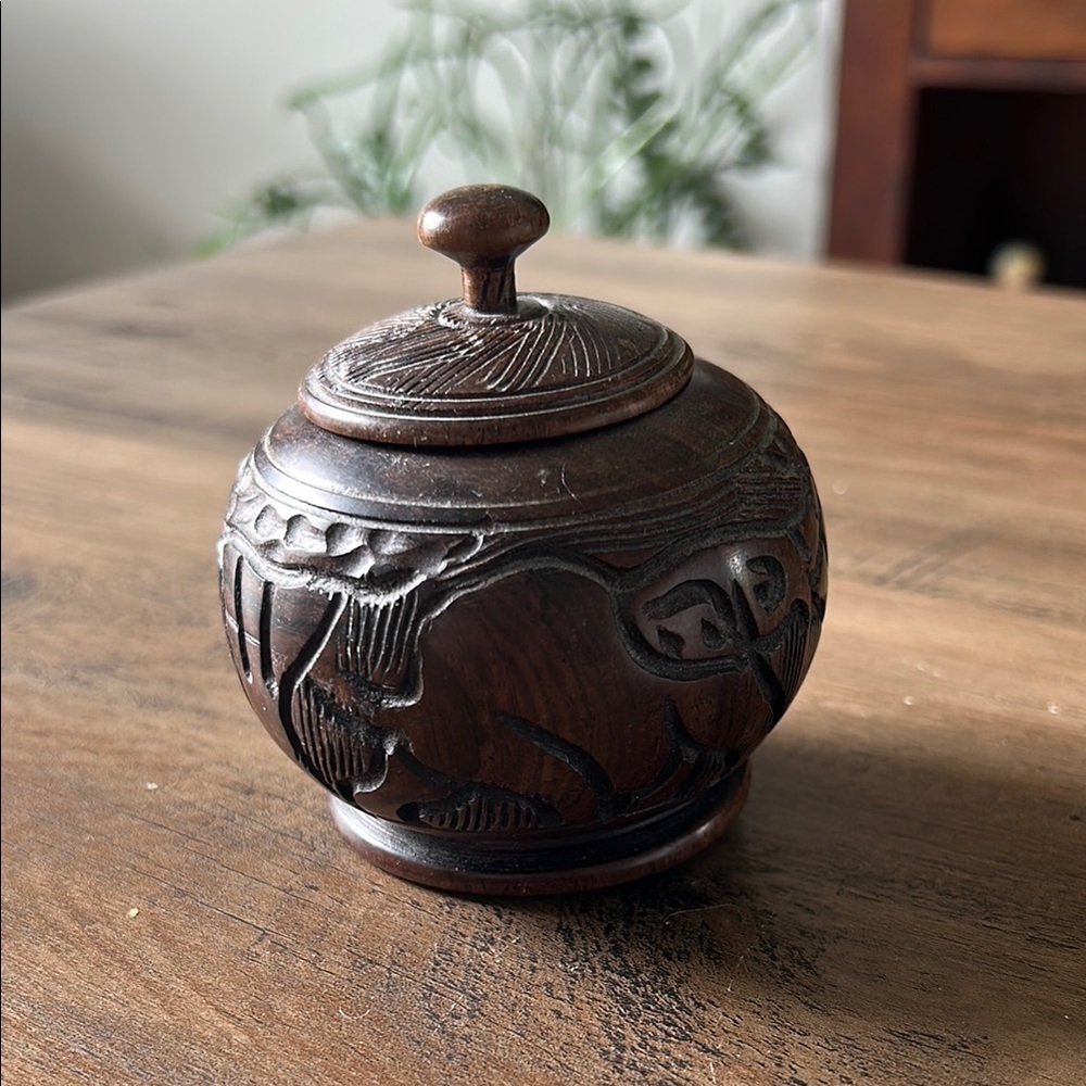 Vintage Hand Carved Turned Covered Round Wooden Lidded Container Elephant Box